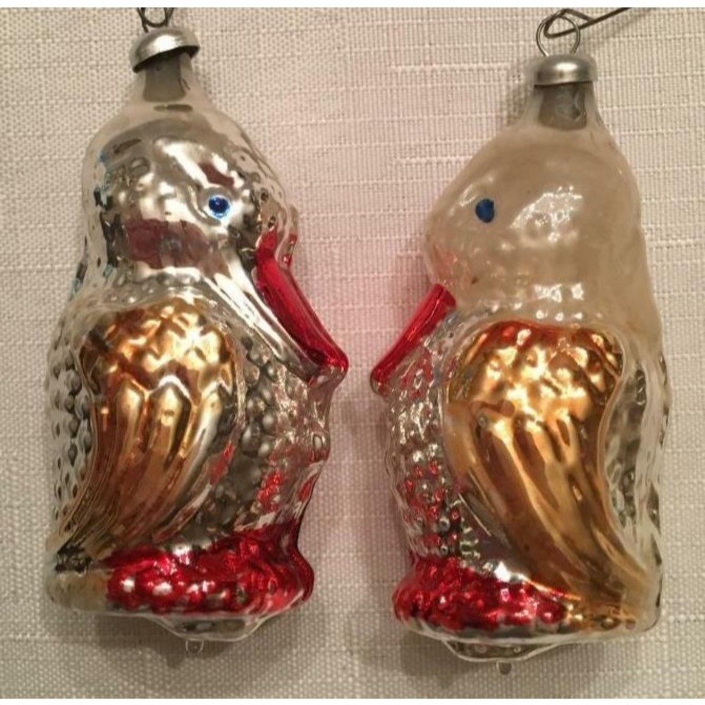 Kurt Adler 2 Christmas Ornaments Hand Blown Old Fashioned Glass Bird W Germany